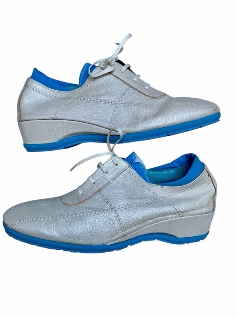 Thierry Rabotin Metallic Leather Wedge Oxford Shoes Blue Silver EU 39 Made Italy